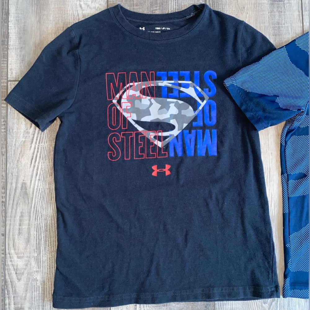 Under Armour Superman Black Basketball Navy Blue Camo Tee Bundle Lot YSM Boy’s 8 - Picture 2 of 8
